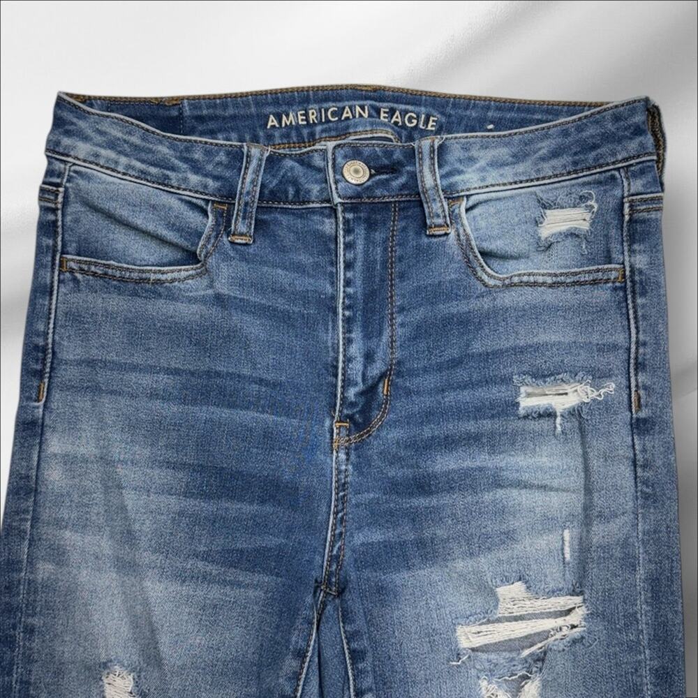 AMERICAN EAGLE Women’s 4 Distressed SUPER HI-RISE JEGGING Blue Jeans